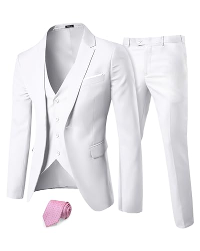 MY'S Men's 3 Piece Slim Fit Suit Set, One Button Solid Jacket Vest Pants with Tie Natural White X-Small