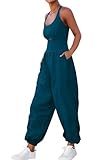 ReachMe Womens Running Onesie Athletic Romper Pants Hiking Outfits One Piece Workout Jumpsuits with Pockets(Teal Blue,M)