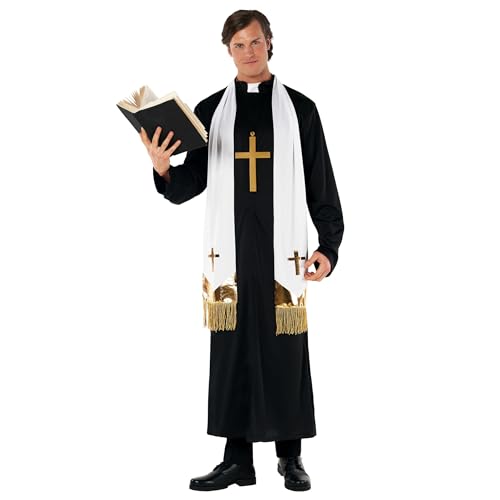 Morph Priest Costume Men Exorcist Outfit Adult Priest Costume With Collar Plus Accessories For Halloween Party, X-Large