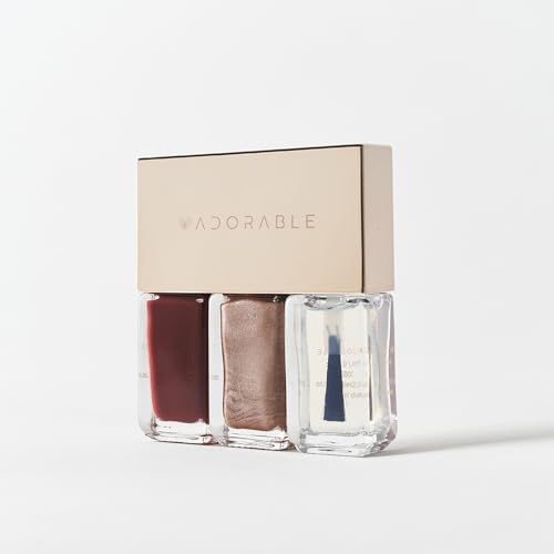 Pluchke Water-base Vegan Nail Polish 3pcs in set (2 Colors + Clear Top Coat), Eco-friendly Halal-Certificated Non-toxic Breathable Burgundy and Metallic Rosegold color (No 29 Yeonji-Gonji, 0.51 fl oz)