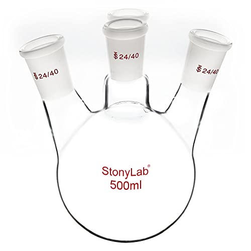 stonylab 4 Neck Round Bottom Flask RBF, Heavy Wall 4 Neck Lab Flask Borosilicate Glass Round Bottom Boiling Flask with 24/40 Standard Taper Outer Joint, 500 ml