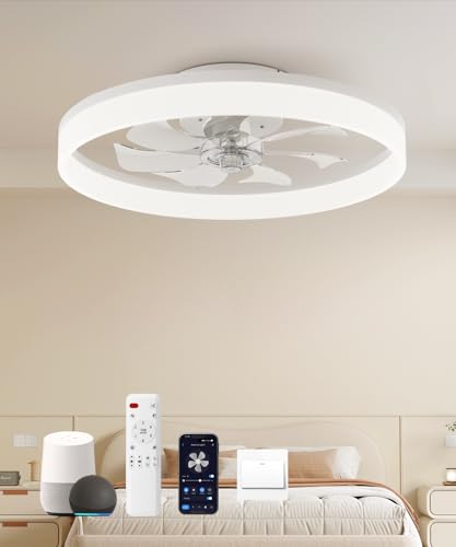 AQUBT Smart Ceiling Fans with Light and Remote,20'' Low Profile Ceiling Fan with 6-Speed & Dimmable LED, Alexa/APP Home Voice Control, App, Reversible Airflow, App Timer, for Bedroom（White）