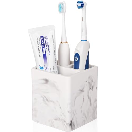 Diatomite Toothbrush Holders for Bathrooms, Electric Toothbrush and Toothpaste Holder 3 Slots Tooth Brush Organizer for Bathroom Countertop, Shower, Vanity - Marble White