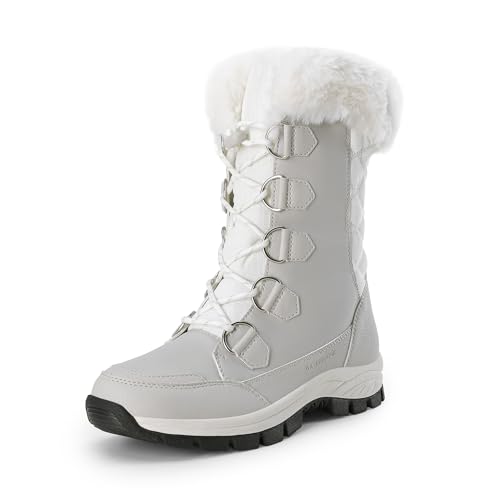 DREAM PAIRS Women's Waterproof Winter Snow Boots, Warm Comfortable Faux Fur Insulated Non-Slip Outdoor Lace-Up Florin Mid Calf Booties,Size 8,White/Grey,SDSB2206W