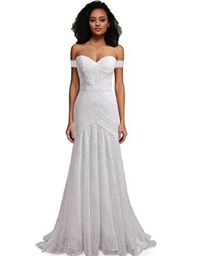 LIPOSA Bohemian Lace Wedding Dresses for Womens Sweetheart Sheath Arm Bands Beach Boho Bridal Gowns (Ivory Lining-Corset Back,US6)