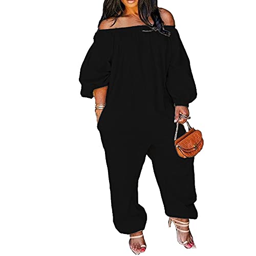 MESLIMA Women Casual Rompers Off Shoulder Long Sleeves Wide Leg Pants Beam Foot Plus Size Jumpsuit Black XL
