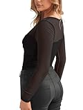 REORIA Women's Fall Sexy Round Neck Front Twist Knot Long Sleeve Sheer Mesh Slimming Ruched Trendy Going Out Bodysuit Tops for Night Out Black Small