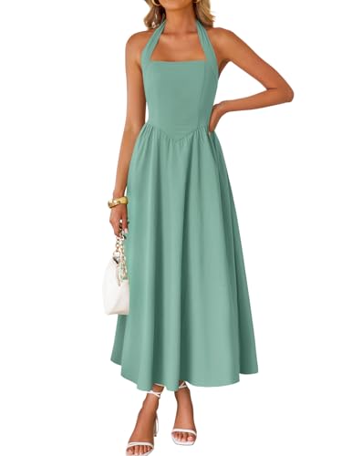 ZESICA Women's Summer Sleeveless Halter Midi Dress 2025 Off Shoulder High Waist Swing Flowy Beach Long Dresses,Sage,Medium