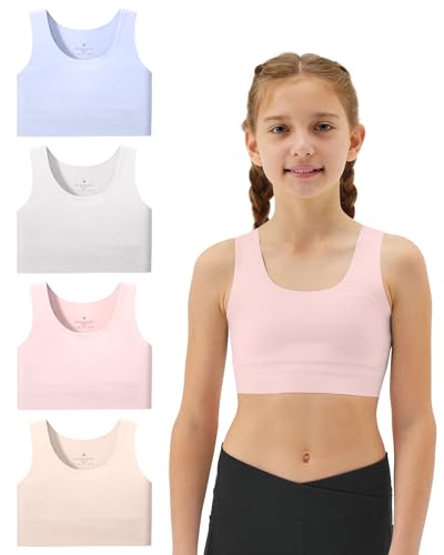 Sascina Girl Bras 10-12 Years Old Seamless First Bra Girls Sports Bras Longline Crop Bra - No Pads, Chest Double Lined Nude+Light Gray+Candy Blue+Sand Pink