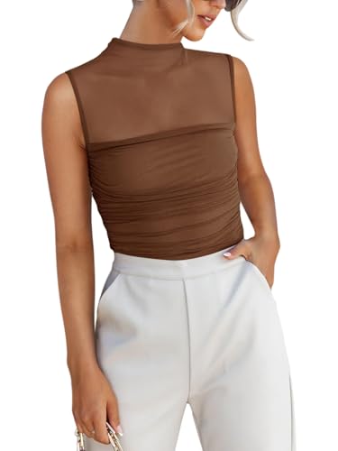 REORIA Sexy Bodysuits for Women Sheer Mesh Mock Neck Sleeveless Top Slim Fit Shirts Ruched Trendy Going Out Tops Cute Body Suit 2025 Outfits Coffee Medium