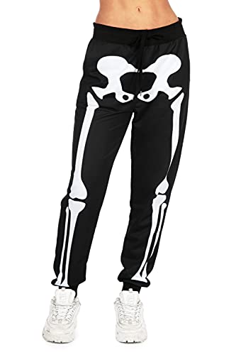 Tipsy Elves Skeleton Jogger Pants for Women - Women's Skeleton Comfort Pants with Front and Back Print - Women's Comfy Black Halloween Skeleton Pants Size Large