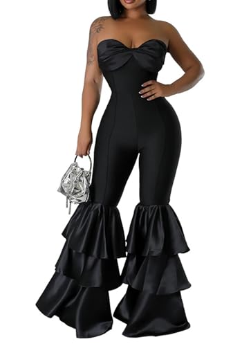 Ecirod Womens 2024 Summer Strapless Jumpsuits High Waisted Tiered Ruffle Flare Pants One Piece Tube Top Romper Black