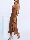 HKMECRI Summer Satin V Neck Silp Midi Dress for Women Wedding Guest 2023 Sexy Spaghetti Strap Backless Long Dresses with Slit Brown