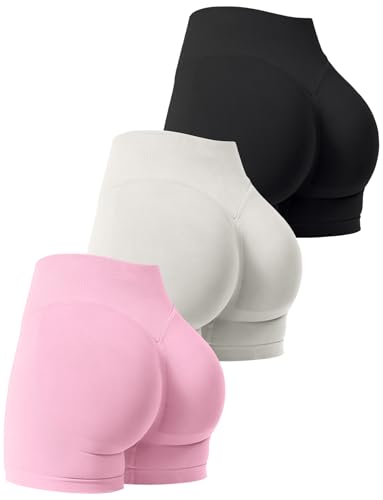 Niipty 3 Pack Workout Gym Shorts Women Scrunch Butt Lifting Seamless High Waist Yoga Booty Shorts for Women - Black+Grey+Pink S