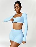 ABOCIW Square Neck Long Sleeve Crop Tops for Women Tummy Control High Waist Biker Shorts 2 Piece Workout Sets Blue Medium