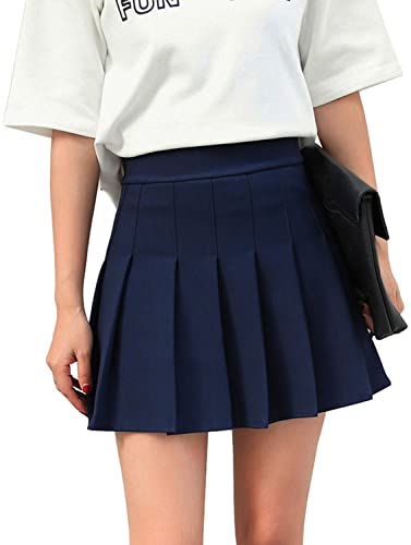 Hoerev Navy Blue Plaid Pleated Skater Tennis School Uniform Skirt with Lining Shorts,US 8