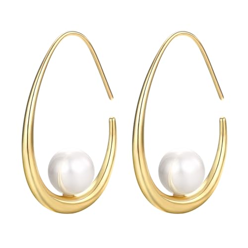 Teardrop Pearl Earrings,14k Gold Plated,Lightweight Teardrop Hoop Earrings for Women,Hypoallergenic Jewelry