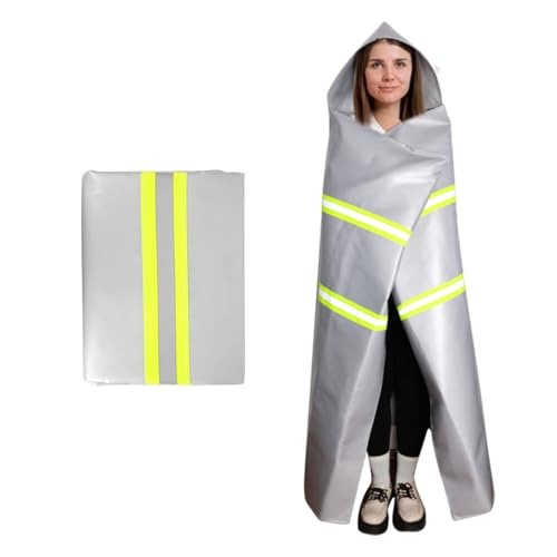 Utypee Emergency Fireproof Cloak with Hood – Silver Silicone Coated Fiberglass Fire Blanket, 59 x 47 Inches, Heat Resistant Safety Cover for Escape- fire Retardant Blanket - fire Extinguisher