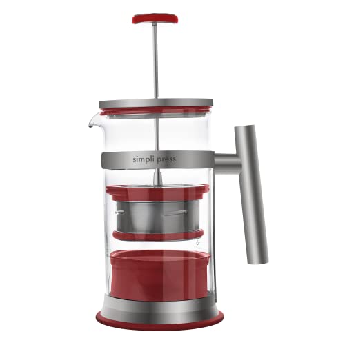 Simpli Press French Press Coffee & Tea Maker - Easy Cleanup & Customizable Smooth Coffee - Patented - Plastic-Free Premium Stainless Steel 34 oz - Red Color