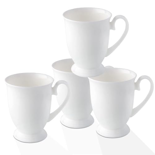 COSTMANCE Luxury Fine Bone China White Coffee Mugs Set of 4 (8 oz), Ceramic Euro Style Tea Cups, Elegant Durable Coffee Cups Set for Gifts, Women, Men, Mom, Dad, Wedding
