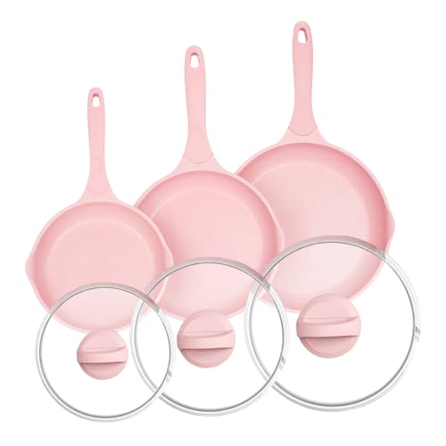JEETEE Nonstick Frying Pans Set with Lid, Skillets Set 6 Pcs, 8" 9.5" 11" Granite Non-Stick Frying pan, Cookware Set with Bakelite Handle, Suitable All Stovetops (Gas, Electric & Induction), Pink