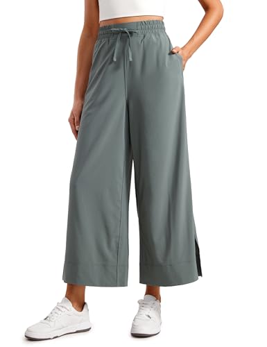 CRZ YOGA Lightweight Wide Leg Cropped Pants for Women 25" High Waisted Loose Casual Lounge Travel Work Sweatpants Summer Grey Sage Large