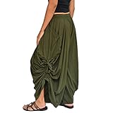 Sakoonee Women's Harem Pants Palazzo Dhoti Lounge Trousers, Convertible to a Skirt 2 Pockets Cotton, One Size, Elastic Waist Olive