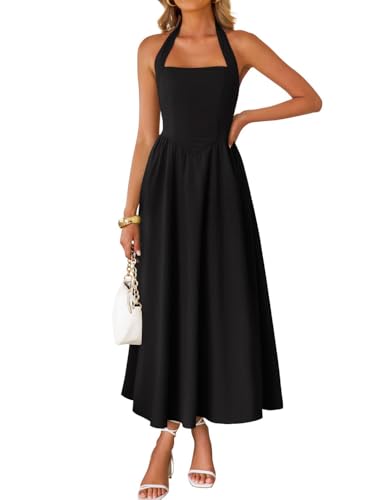 ZESICA Women's Summer Sleeveless Halter Midi Dress 2025 Off Shoulder High Waist Swing Flowy Beach Long Dresses,Black,Medium