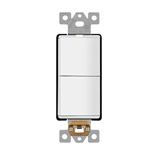 LIDER Minimalist Design Matte Finish Lighted Double Switch, Combination Frameless Decorator Switch with Locator Light, Ground Terminal, Single Pole, 15A 120-277V, UL Listed, LCS2-1P-W, White