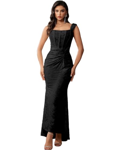 Elegant Lace Bodycon Fishtail Dress Wedding Guest Fishbone Shoulder Strap Ruched Midi Party Dress for Women(A-Black,M)