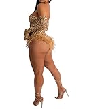 Figdaw Rhinestone Sequin Bodysuit Sexy Feather Trim Romper Birthday Photoshoot Outfits for Women Party Club Night,Gold,XXL,C6228