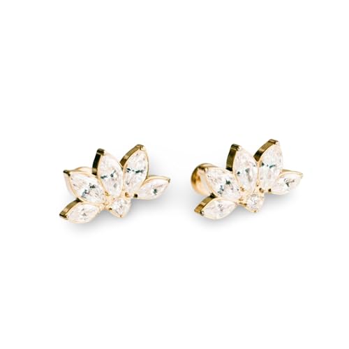 Blush Ink Flower Burst Cubic Zirconia Diamond Stud Earrings for Women | Hypoallergenic Earrings for Women | Flat Back, No-Poke Design | Non-Tarnish, Implant-Grade Titanium | CZ Gold Studs Earrings