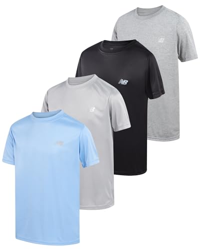 New Balance Boys' Active T-Shirts - 4 Pack Short Sleeve Crew Neck Athletic Performance Dry Fit Shirts for Boys (Sizes: 4-20), Size 10-12, Sky Black