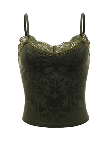 SOLY HUX Women's Y2k Gothic Lace Trim Cami Crop Top Sleeveless Sexy Tank Tops Camisole Clubwear Outfit Solid Green M