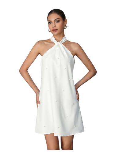 Floerns Women's Pearl Beaded Halter Twist Sleeveless Tie Back Dress A Line Dress White