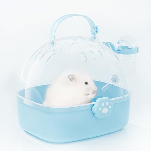 BUCATSTATE Small Animal Carrier Cage with Water Bottle, Portable Hamster Travel Carrier Carry Case 7.24" L*6.69 W *6.42" H for Small Pets, Gerbils, Mice, Dwarf Hamster (Blue)