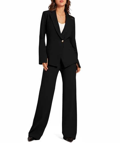 Casly Lamiit Two Piece Outfits for Women Black Blazer Jacket Notched Collar Dress Pants Set Classy Casual Suiting Interview Business Professional Clothes Black XL