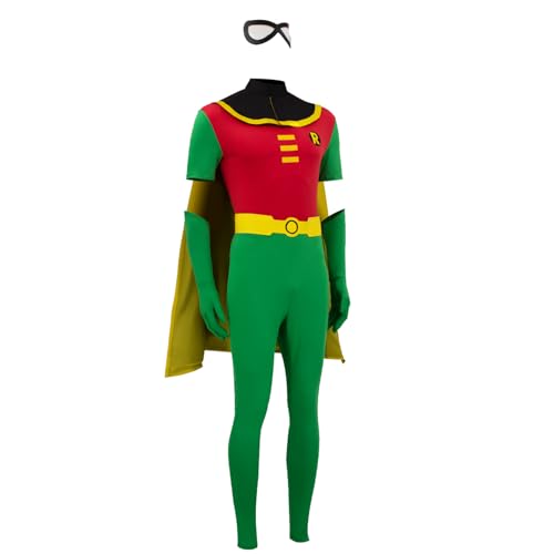 Pongking Robin Costume Jumpsuit Adult Superhero Team Leader Halloween Cosplay Bodysuit Cloak Gloves Belt with Eye Mask S