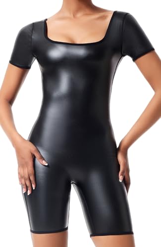 FEOYA Women's Sexy Jumpsuit Shiny Wet Look Erotic Leotard Bodysuit Short Sleeve Workout Shorts Romper Slim Fit Leotard Bodysuit Club Night Out Black XX-Large