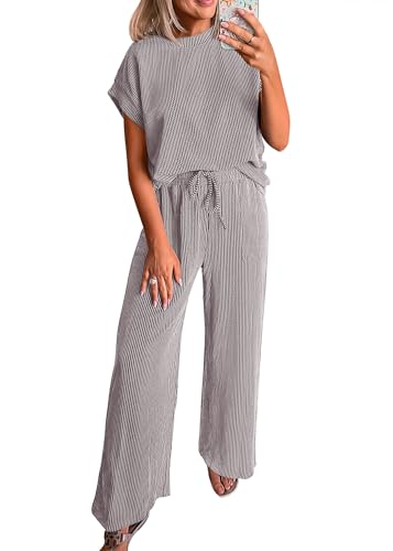 KIRUNDO Womens Summer 2 Piece Outfits Casual Ribbed Knit Short Sleeve Tops Wide Leg Pants Lounge Sets Tracksuit Sweatsuit(Grey, Medium)