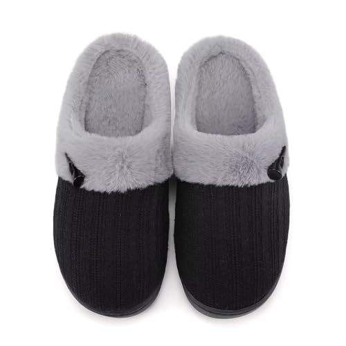 NineCiFun Women's House Slippers Fuzzy Bedroom Slippers Memory Foam Home Shoes Indoor Outdoor Slip on Scuff with Warm Plush Faux Fur Lining size 9 10 black grey
