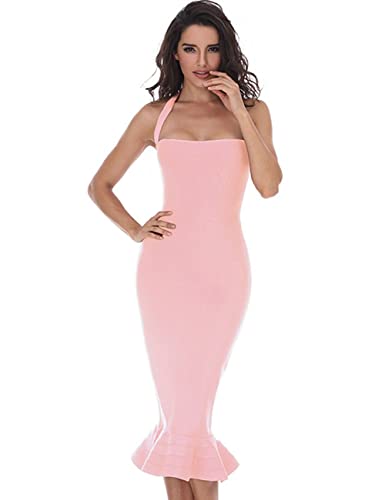whoinshop Women’s Halter Fishtail Mermaid Bodycon Knee Length Cocktail Bandage Dress (L, Pink)