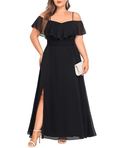 Women Plus Size Formal Dresses Black Off Shoulder Chiffon Bridesmaid Wedding Guest Side Slit Smocked Aline Long Dress