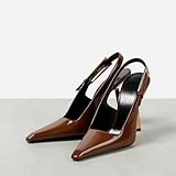 THESHY Women's Slingback Stiletto High Heels Square Toe Metal Buckle Pumps Backless Patent Leather Fashion Dress Shoes for Women Brown