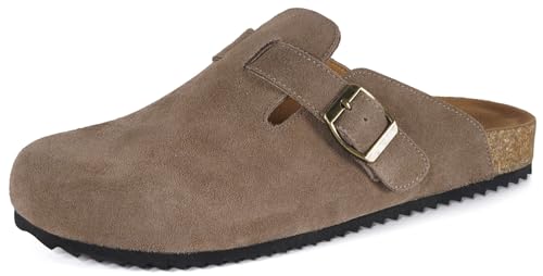 Intini Suede Clogs for Mens Womens Leather Clogs Adjustable Buckle Cork Footbed Home Slippers Sandals Brown