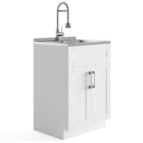 SIMPLIHOME Hennessy All-in-One Utility Sink & Cabinet in Pure White, 24-inch, Laundry Cabinet with Stainless Steel Sink, Chrome Faucet, Shaker-Style Doors for Laundry Room, Garage, Mudroom