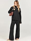 ANRABESS Women's 2 Piece Outfit Sweater Lounge Sets Long Sleeve Knit Pullover Wide Leg Pant Tracksuit Loungewear 2024 Fashion Black Small