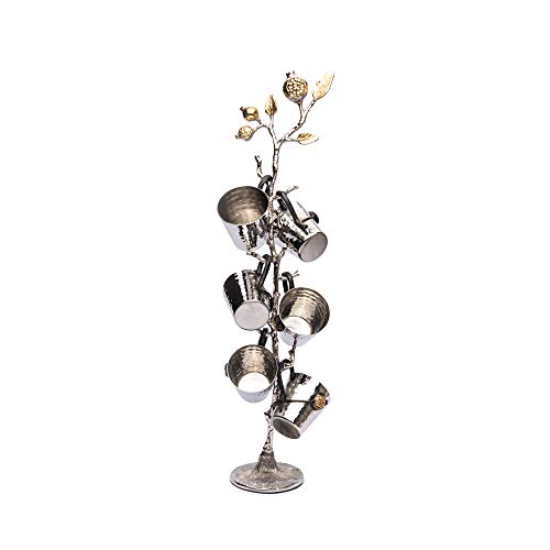 Yair Emanuel Set of 6 Liquor Cups of Hammered Metal on Pomegranate Branch Stand