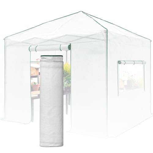 EAGLE PEAK Replacement Cover for 10x10 Portable Walk-in Pop up Greenhouse, Front Roll-Up Zipper Entry Door and 2 Large Roll-Up Side Windows (Frame Not Included), White