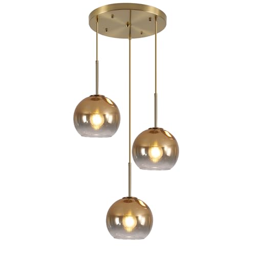 KCO Lighting 3 Light Globe Cluster Pendant Light Modern Glass Cluster Chandelier Gold Glass Pendant Light Fixture Mid Century Dining Room Chandelier Multi Pendant Light Fixture